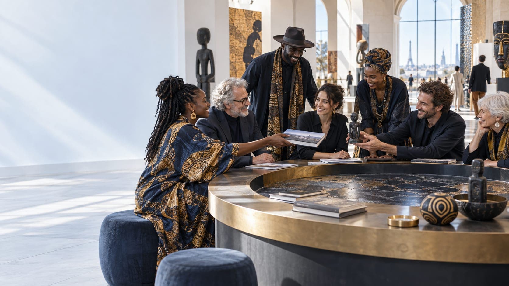 Rencontre internationale autour d'une table ronde, Paris en arrière-plan