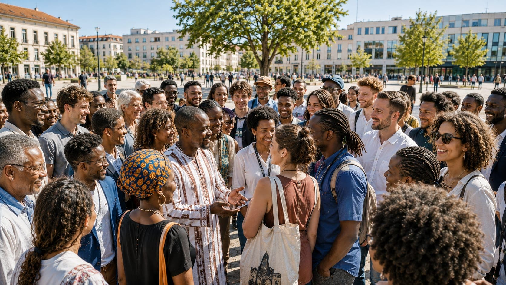 Rassemblement intergénérationnel et multiculturel sur une place publique, autour d'un intervenant