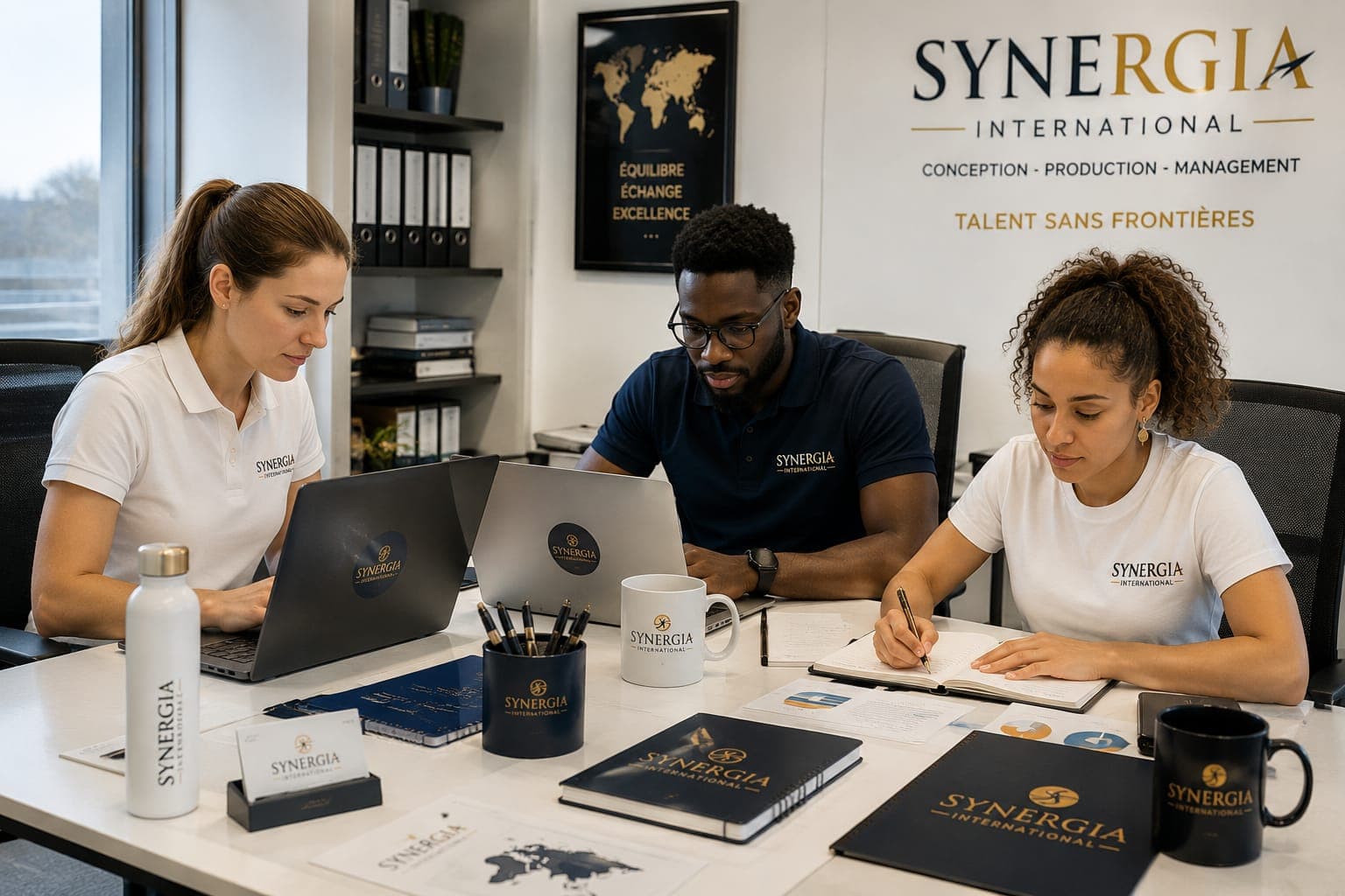 Trois collaborateurs de Synergia International au travail, sous la devise « Talent sans frontières »